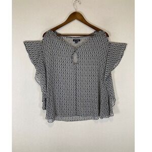 Boho Max Edition Women XLP Navy White Geometric Flutter Cold Shoulder Blouse